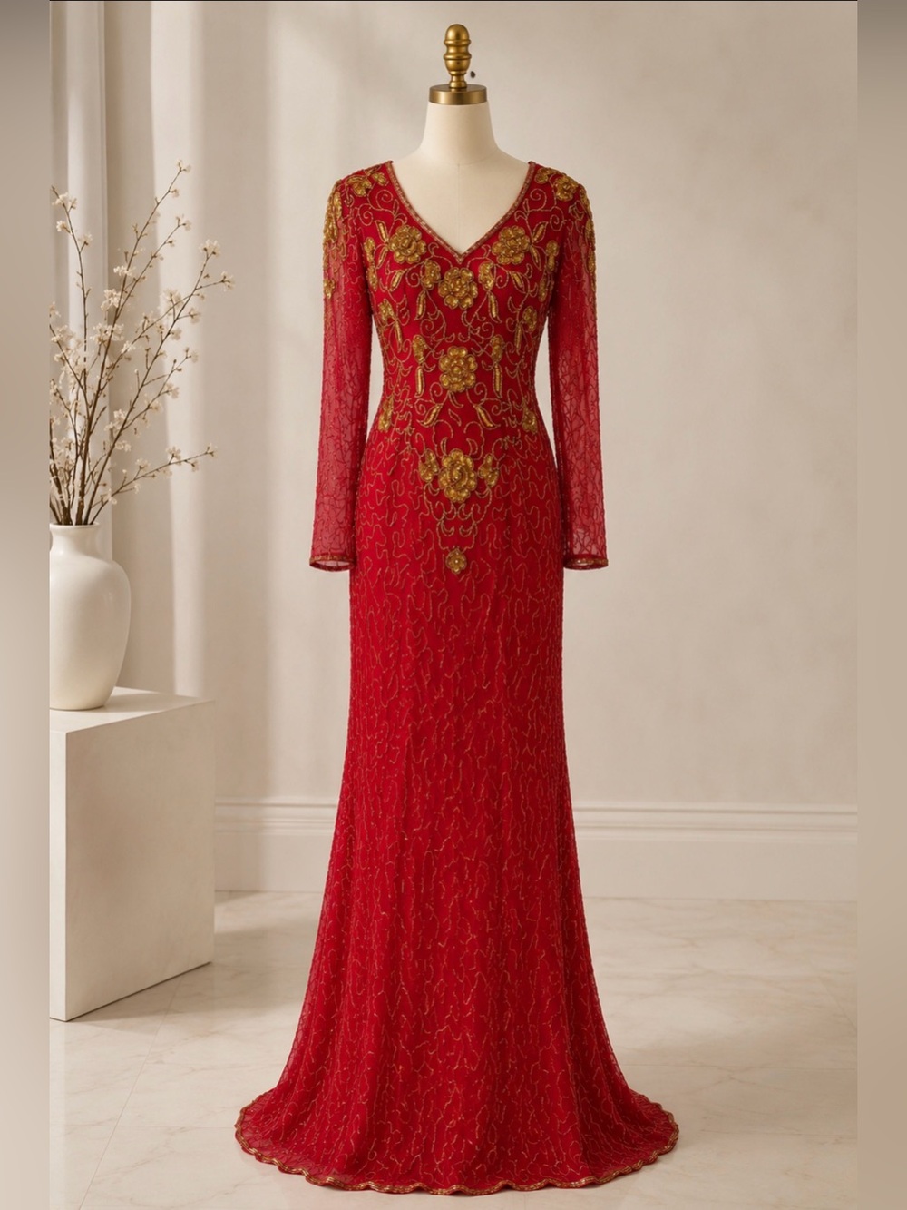 Vintage 100% Silk Beaded Sequin Elegant Evening Gown Red Gold Maxi Dress Luxury